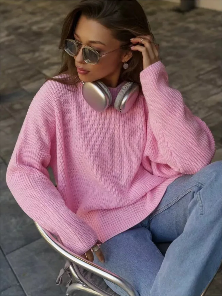 Casual Loose Solid Knitted Pullover Sweater For Women Long Sleeve O-neck Sweater Female Autumn Winter Warm Office Ladies Sweater