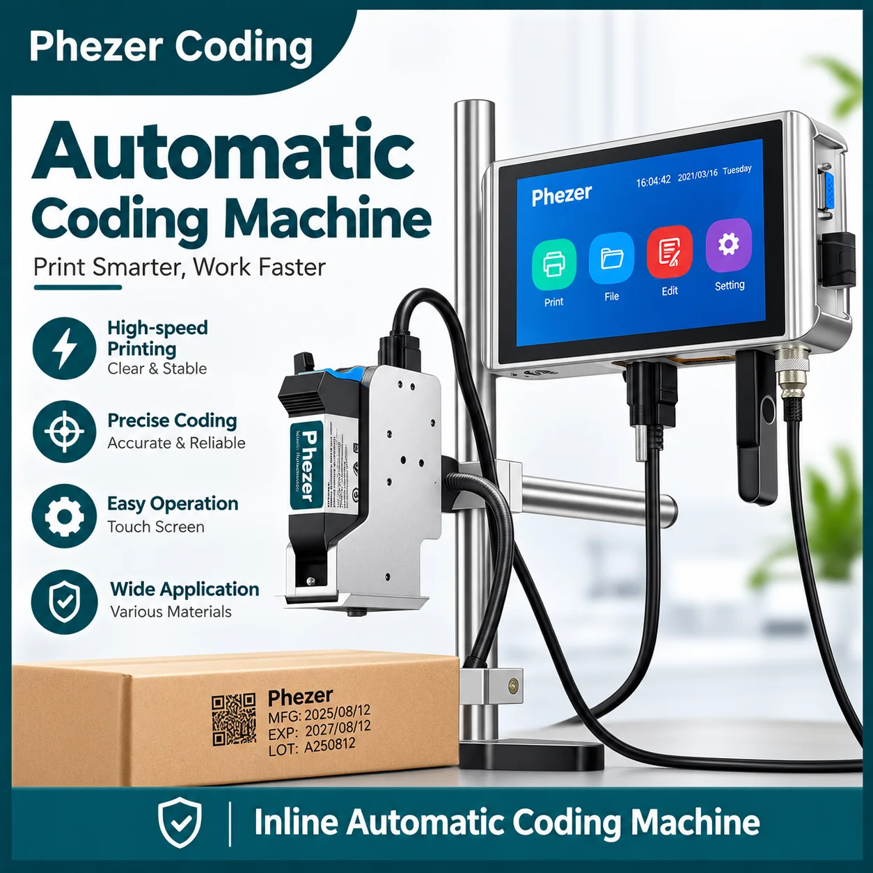 Phezer PW1 12.7/25.4mm Online Inkjet Printer TIJ Label Printer Multiple Languages QR Code Batch Number Date Logo Expiry Printing