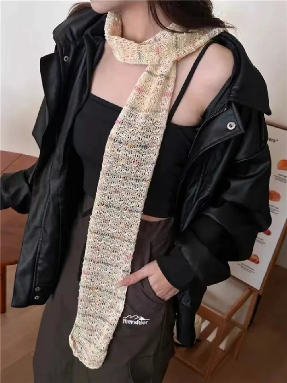 Korean Original Homemade Rainbow Beans Long Knitted Thin Scarf Hollow Silk Scarf Girl Y2k Decorative Thin Narrow Harajuku Scarf