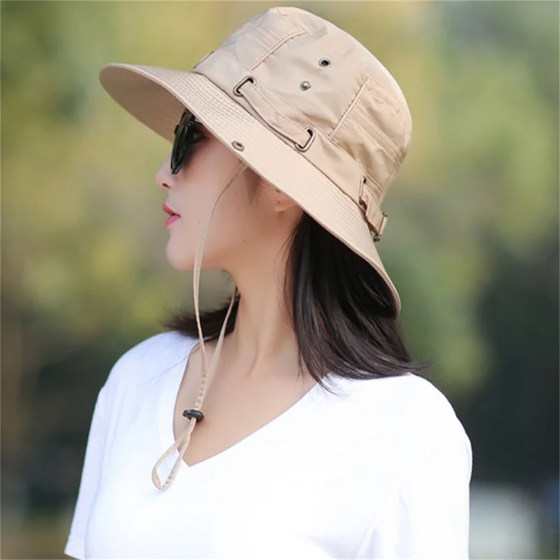 الصيد قبعة الشمس UV حماية الشمس قبعة دلو الصيف الرجال النساء كبيرة واسعة حافة التنزه في الهواء الطلق القبعات مع سلسلة حزام #2