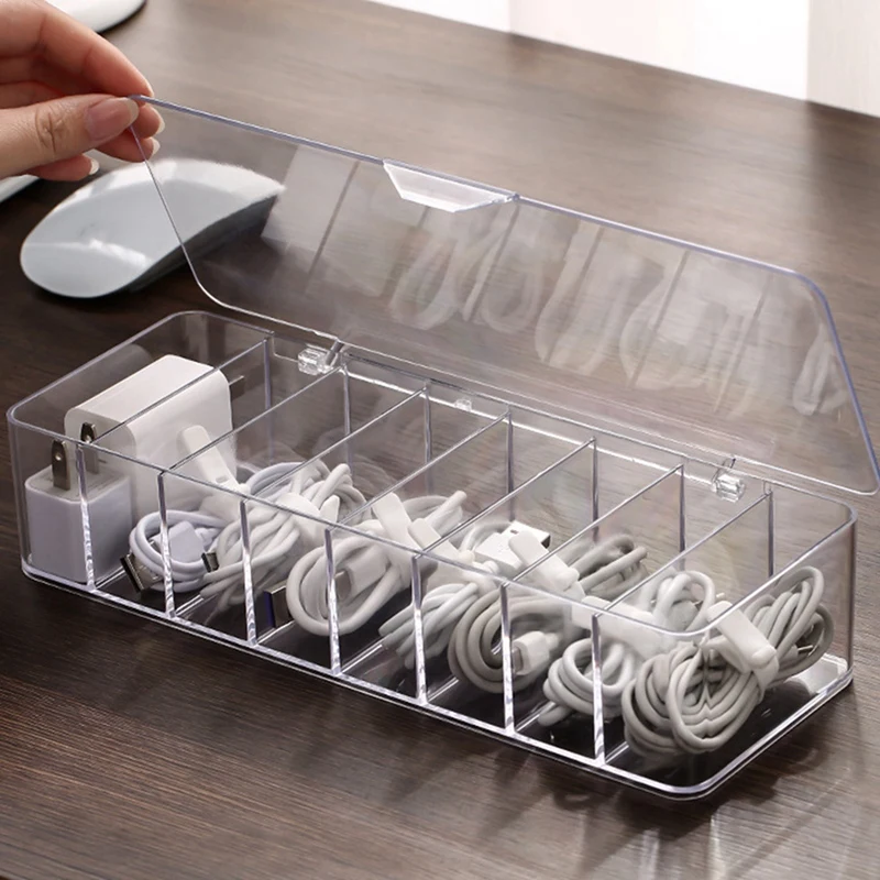 Electronic Storage Box 8 Parts Transparent Acrylic Cable With Lid Storage Box Includes 10 Pieces Of Silicone Cable Ties