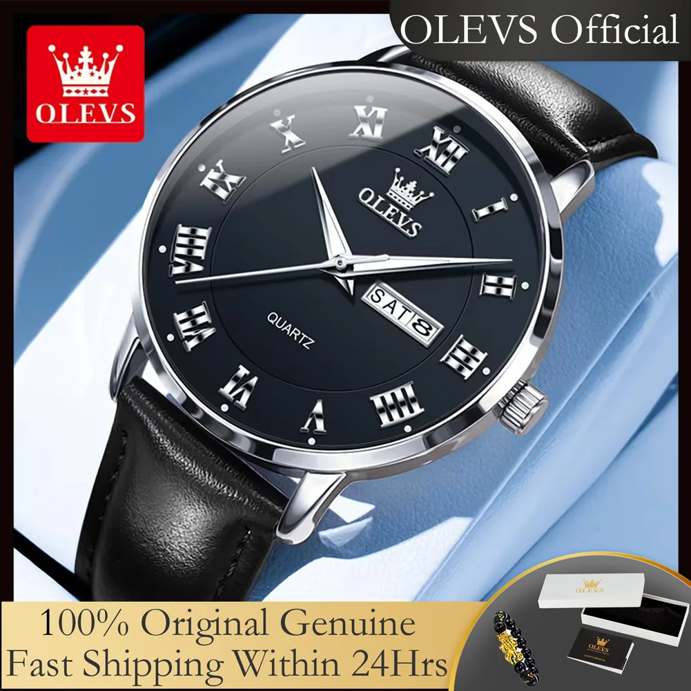 

Мужские водонепроницаемые кварцевые часы с календарем и кожаным ремешком