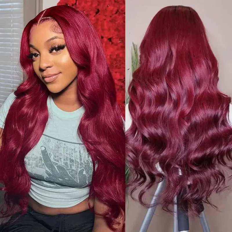 13x4 Hd Transparent Lace Front Wigs Human Hair Wig For Black Women Body Remy Human Hair 99j Burgundy Glueless Pre Plucked