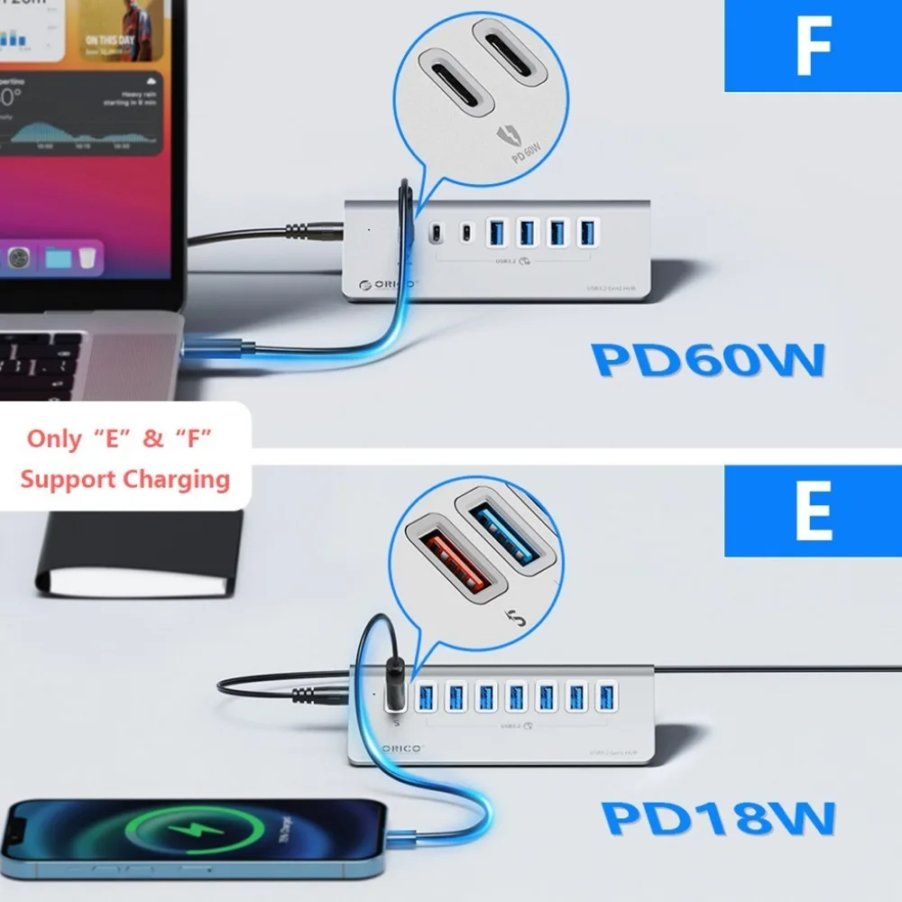 Imagem -04 - Orico-multi Usb tipo c Porta Splitter Hub Múltiplo Slot Dock Station Extensor Switch com Leitor de Cartão Adaptador de Carregador Usb 3.2 a