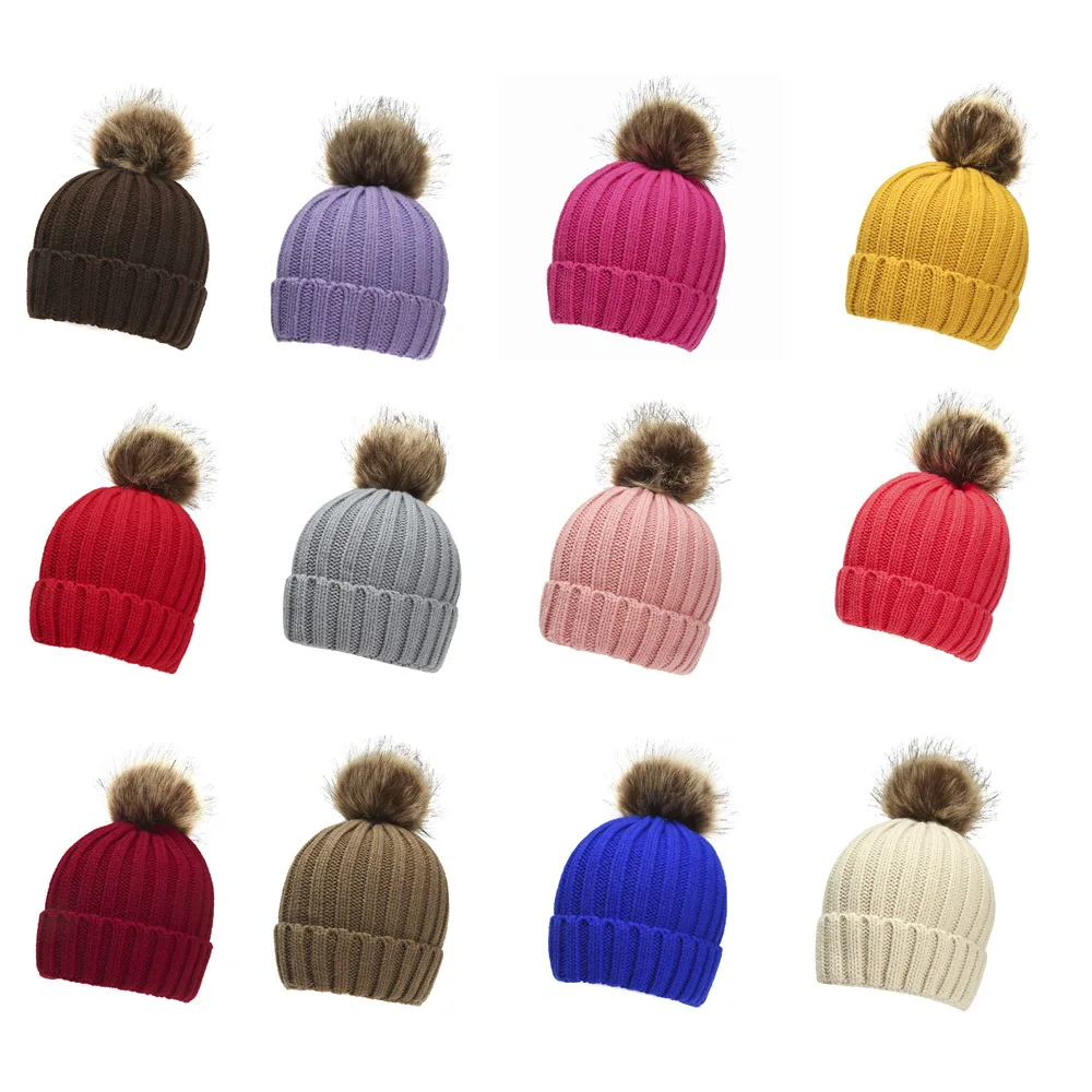 Outdoor Winter Thick Warm Knitted Hat For Women Lady Soft Big Pompom Solid Color Beanie Ski Skate Bonnet Cap Keep Warm