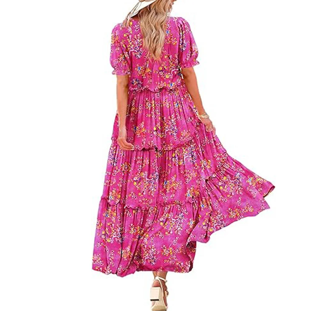 Vestidos florais boêmios femininos, vestido maxi longo, manga bolha, puff manga curta, saia casual para férias de praia, verão