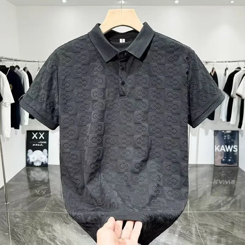 Ice Silk Thin  Shirt Men's Breathable Flip Collar Embroidery T-Shirt Summer City Walk Short Sleeve Micro Stretch Polyester