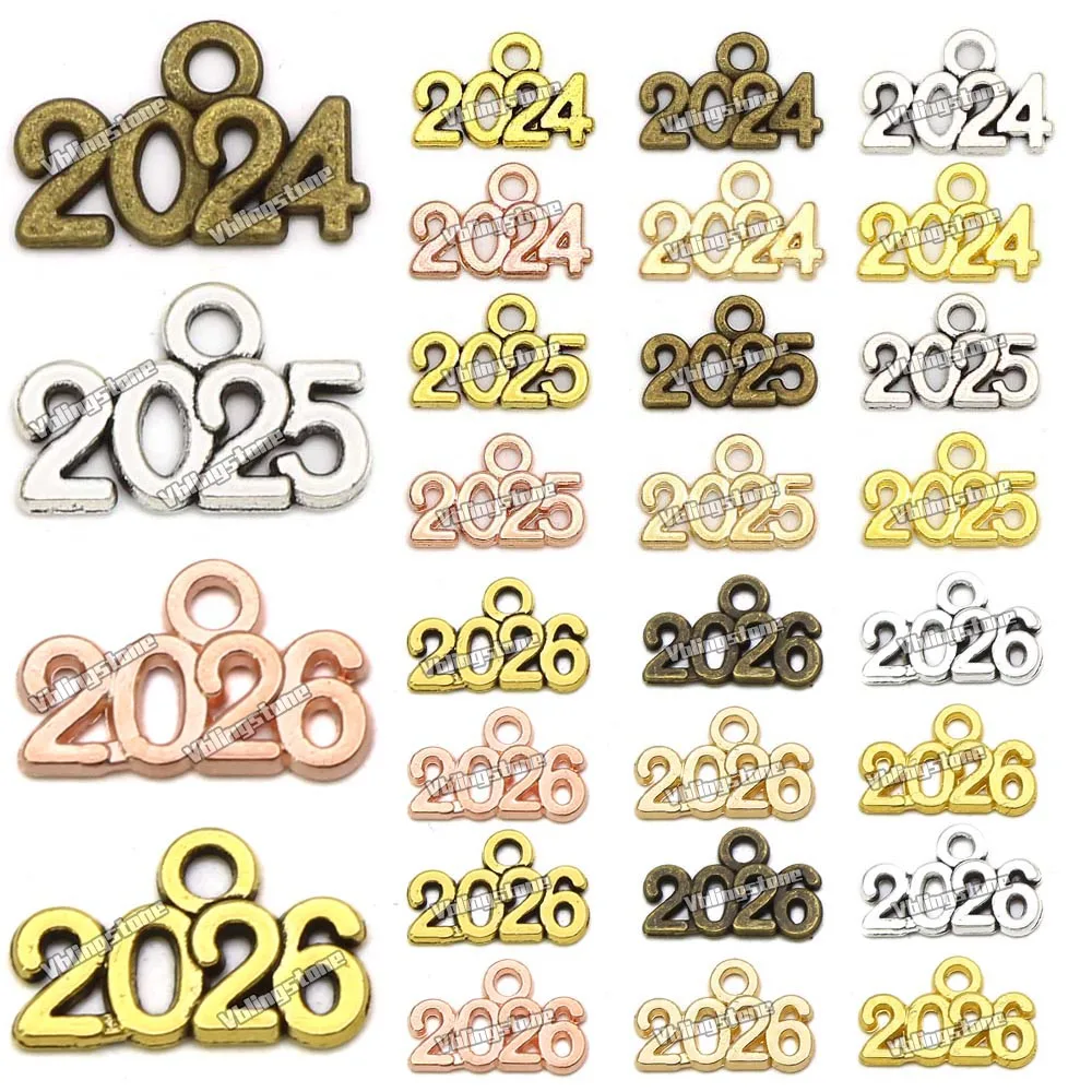 2022 2023 2024 2025 Year Metal Charms Alloy Number Pendants for Jewelry Making Gold Silver Bronze Color 50pcs 9x14MM