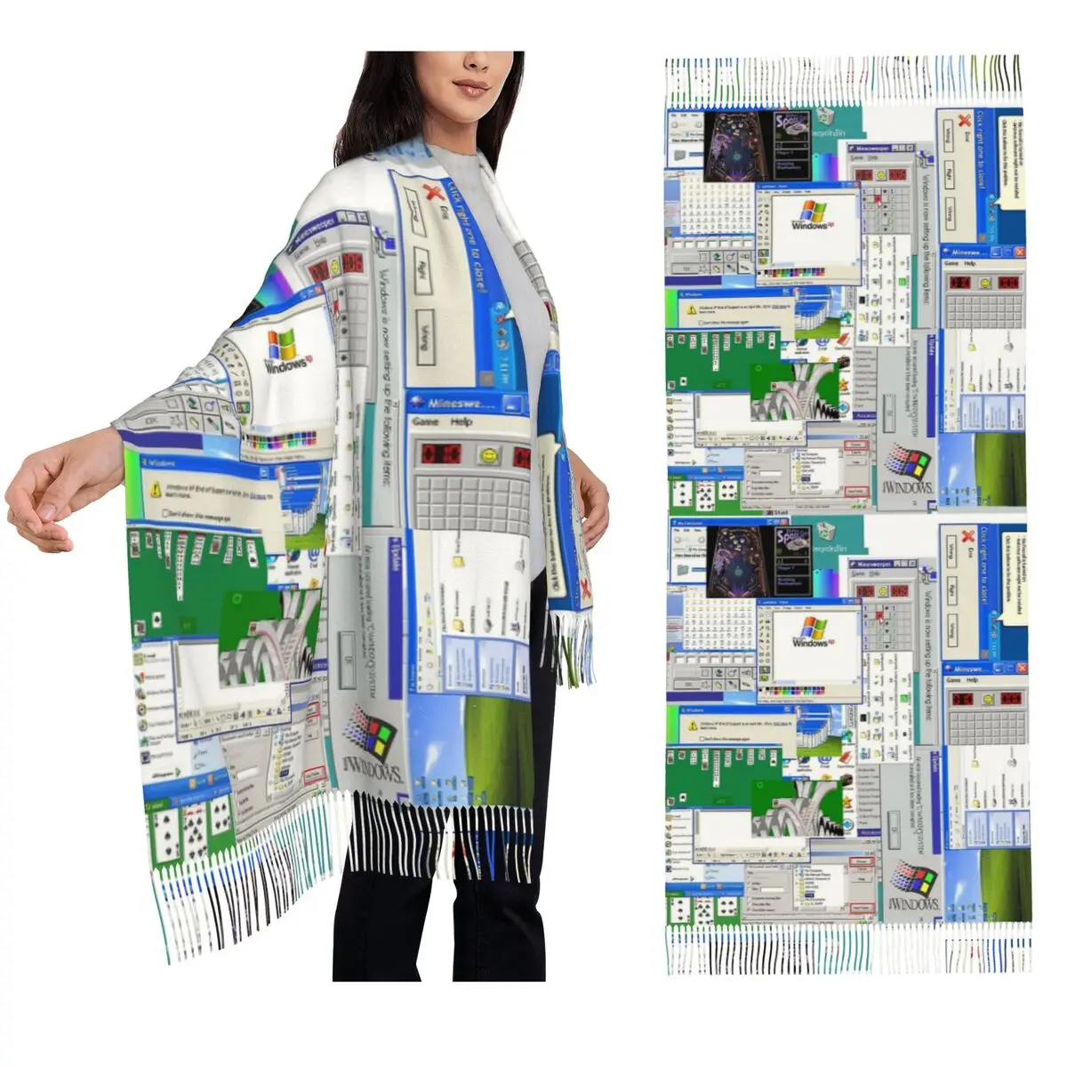 

Windows XP шарф с коллажем, шарфы с кисточками, женские мягкие теплые шали и накидки, большая осенне-зимняя шаль