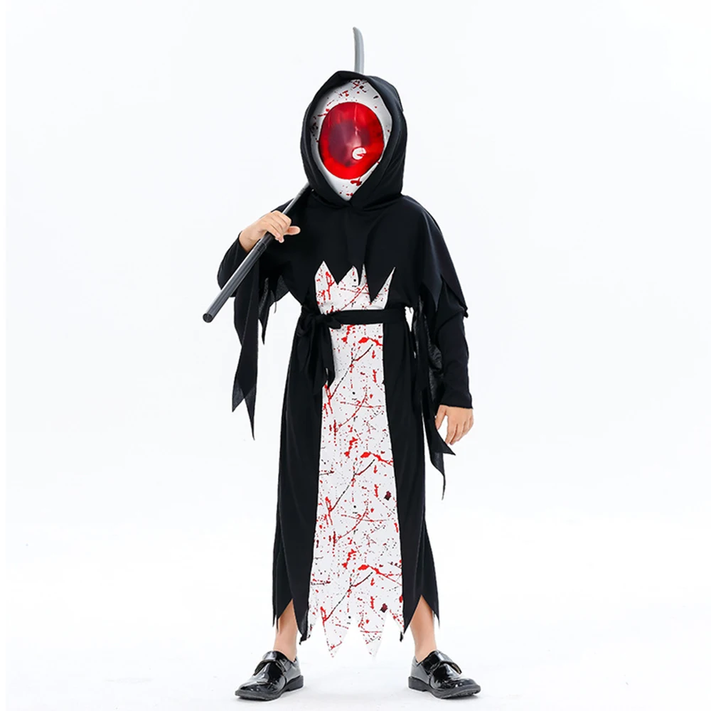 

Child Death Cosplay Costume Boys Girls Unisex Grim Reaper Clothes Set with Sickle Outfit Black Blood Bodysuit Halloween Jumpsuit