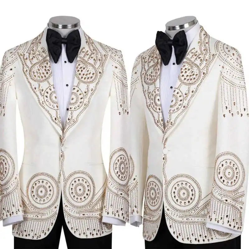 Luxury Wedding Tuxedos Beaded Crystal 2 Piece Men Suit Slim Fit Peaked Lapel Jacket Pants For Groom Business Blazers Customized