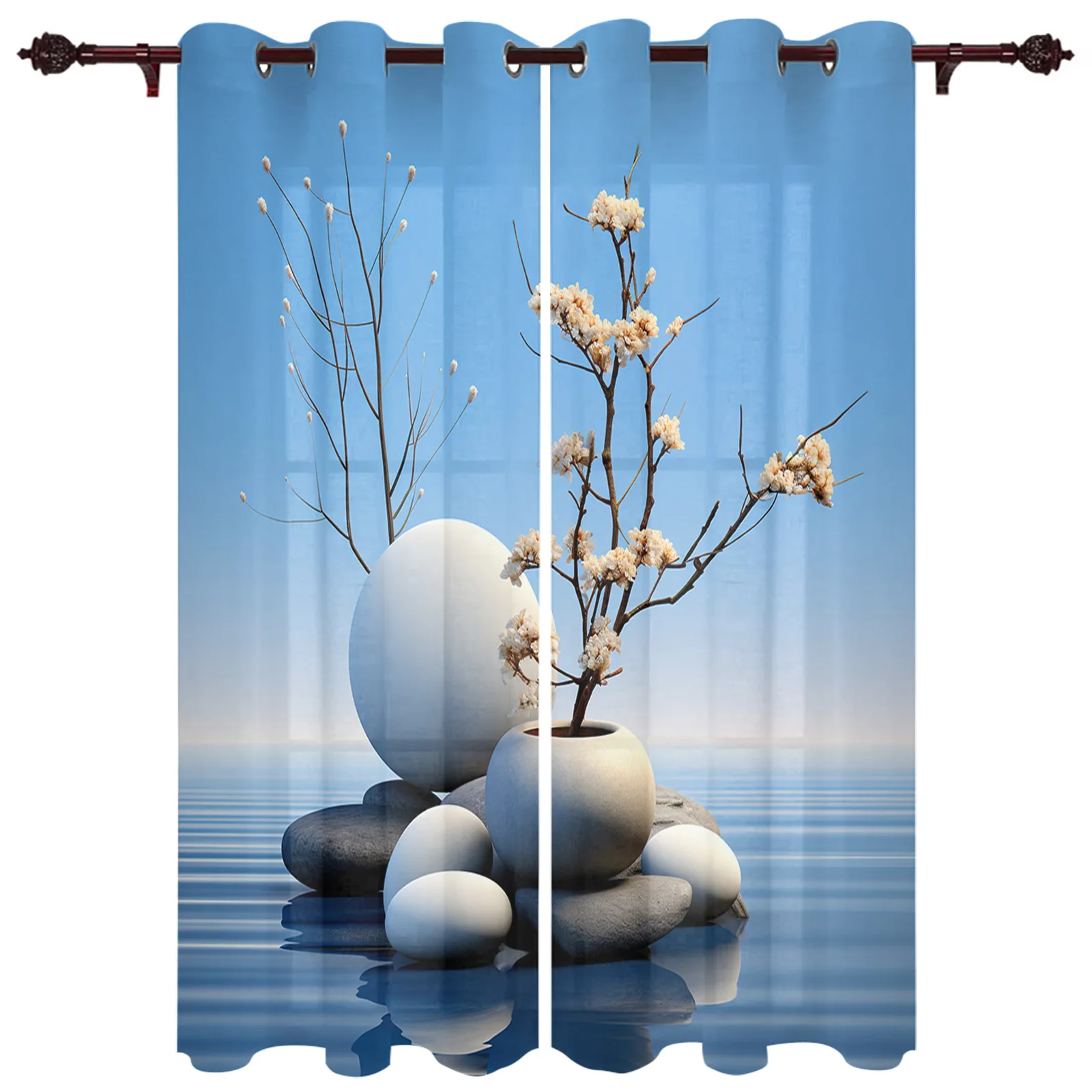 Zen Stones Branch Flower Window Curtains for Living Room Home Bedroom Kitchen Decora Christmas Curtain