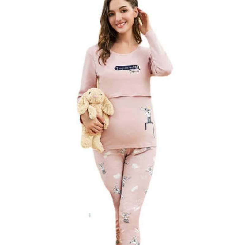 

Pure Cotton Breastfeeding Maternity Women Pajamas Suits Long Sleeve Tops +Adjustable Pant Cartoon Pregnancy Clothes Homewear