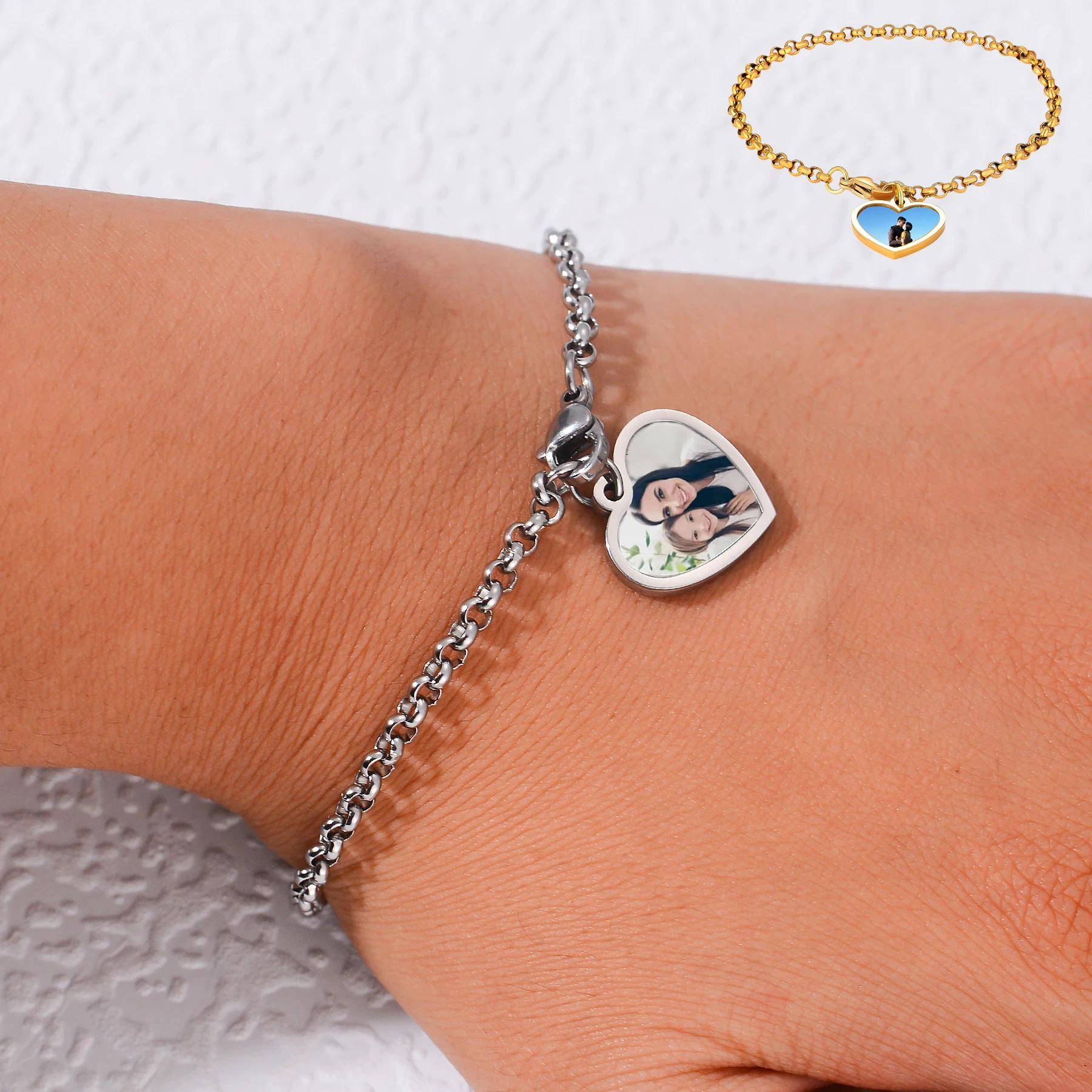 

New Fashion Stainless Steel Bracelet Engraved Photo Name Date Text Personalized Jewelry Gift for Women Men