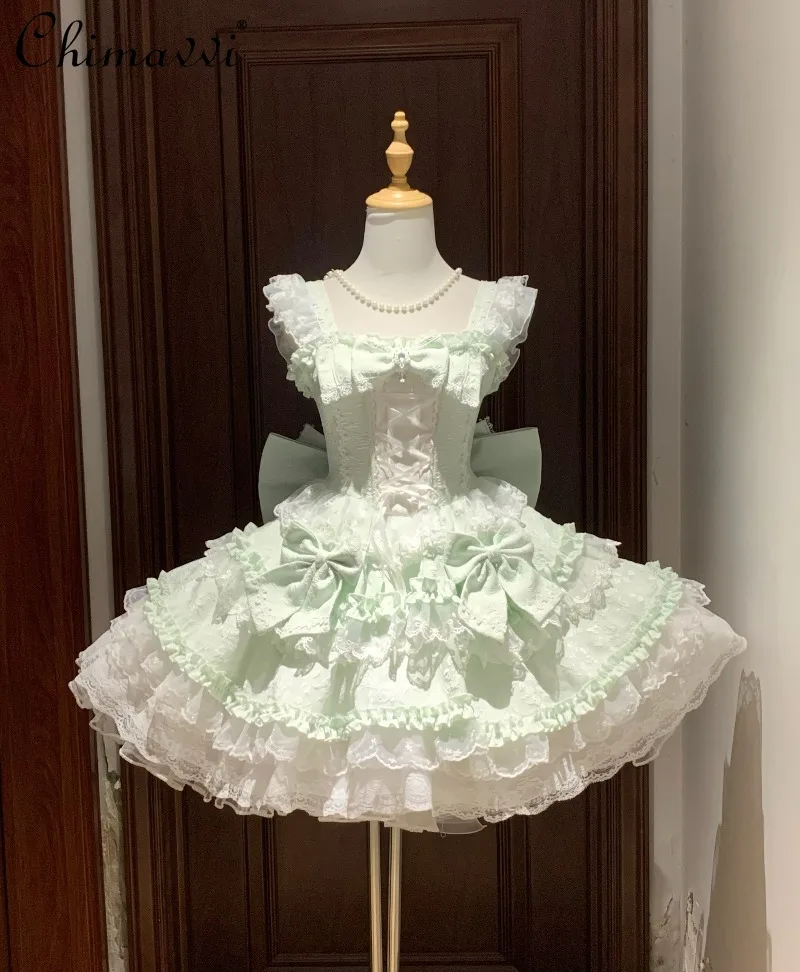 

Сказочное платье Лолита для женщин: милое, с бантиками, кружевом, завышенной талией, элегантное, пышное, для дня рождения, весна-лето