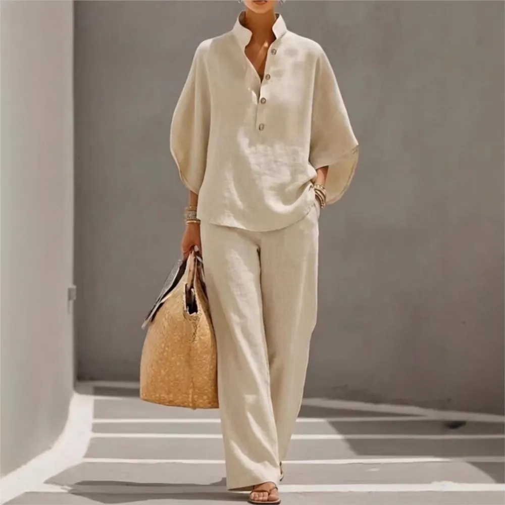 Fashion Cotton Linen Button Stand Collar 9 Quarter Sleeves Loose Women's 2-piece Suit Spring Casual Wide Leg Pants Suit Female image 2