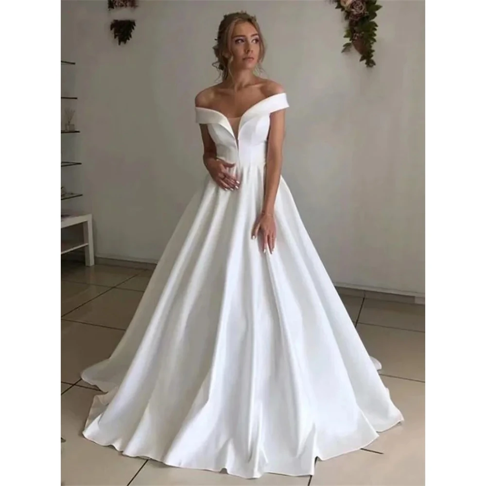 

Simple Satin Wedding Dress Customized Off The Shoulder Pleat A Line Bridal Gonws for Woman Lace-up Vestidos De Fiesta