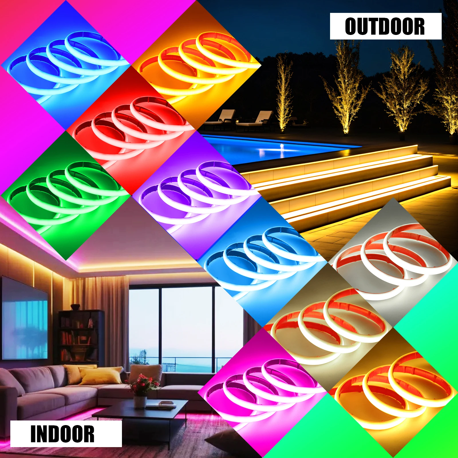 Solar Neon Light Strip 24V COB Waterproof IP68 Flexible LED Tape Red Green Blue Warm White 320LEDs/M Courtyard Garden Room Decor