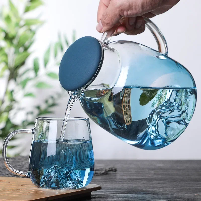 1800ml Glass Cold Water bottle With Handle Fruit Tea Cup Kettle Mountain Design High temperature heatable Jug Gradient Color