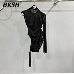 HKSH Spring Autumn New Men's Dark Punk Thin Knitted T-shirt RO Version Multi Cuffs Method Double Layer Fit Fashion Tees HK2326