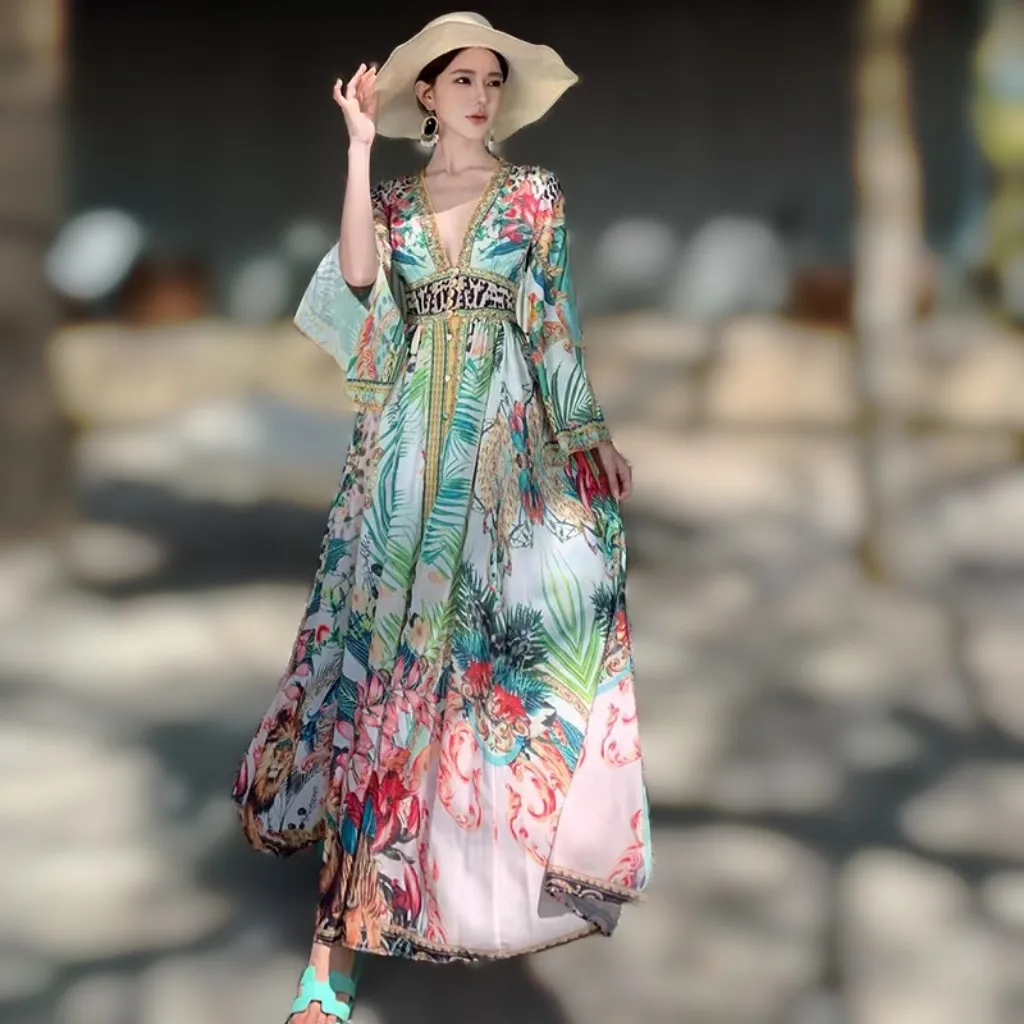 

Light Luxury Brand Floral Chiffon Halter Dress Spring 2024 New French Holiday Fairy Seaside Atmosphere Long Dress