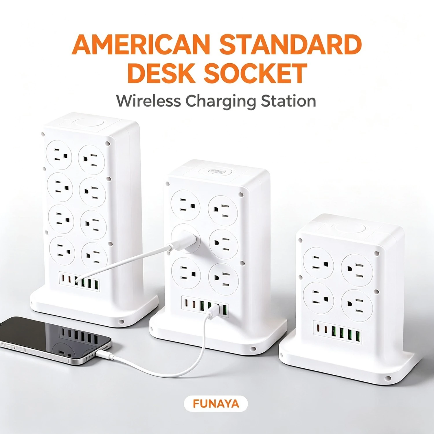 FUNAYA US MX CA Tower Power Extension Cord with USB AC Desktop Strip Multi Socket with Wireless Charging Overload Protection