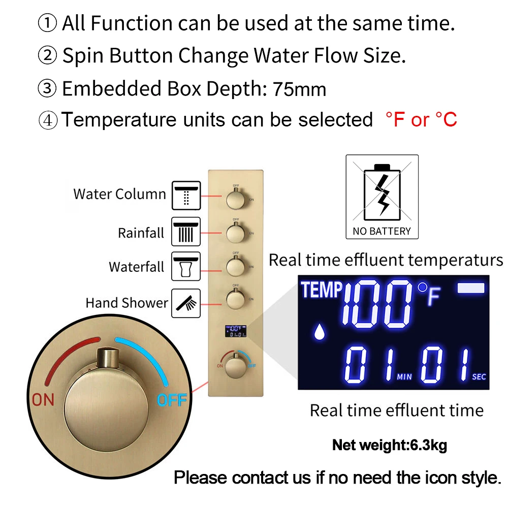 M Boenn 638*338mm Gold Shower Panel Bathtub Concealed Hot and Cold Shower Faucet System Bathroom Rainfall Showerhead with Music