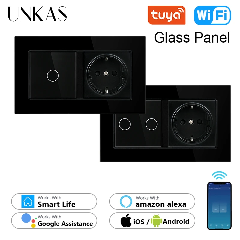 UNKAS EU Socket Single Fire Line Tuya Smart Wifi Light Switch DIY Free Combination Google Home Alexa Black Glass Panel Outlet