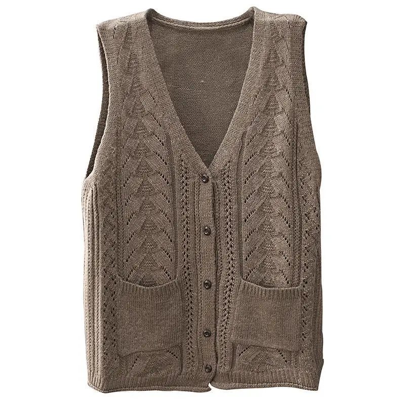 Women Vintage Hollow Pockets V-neck Sleeveless Knitted Sweater Vests Spring Autumn Casual Solid Single Breasted Waistcoats Tops