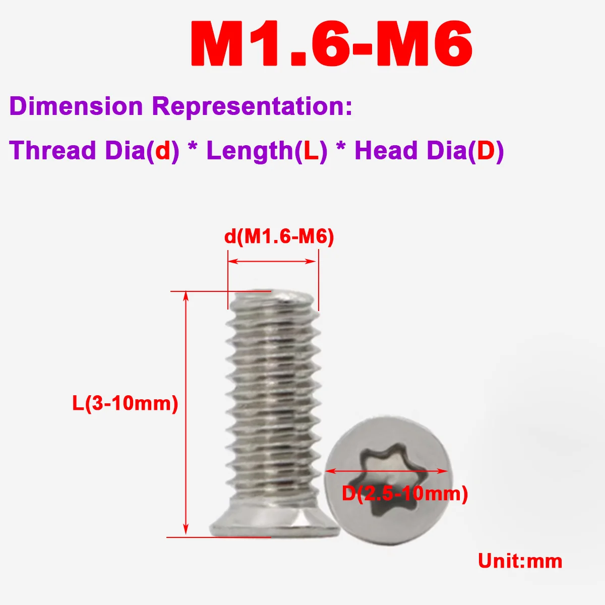 304 Stainless Steel Non-Standard Plum Blossom Groove Small Diameter Thin Countersunk Head Screw M1.6M2M2.5M3M4M6