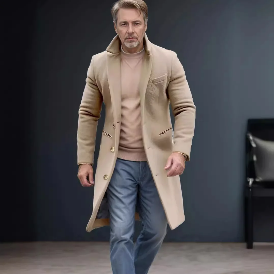 Winter Men Trench Coat Mid Length Long Sleeve Business Casual Male Outerwear Simple Solid Color Single-breasted Man Jacket