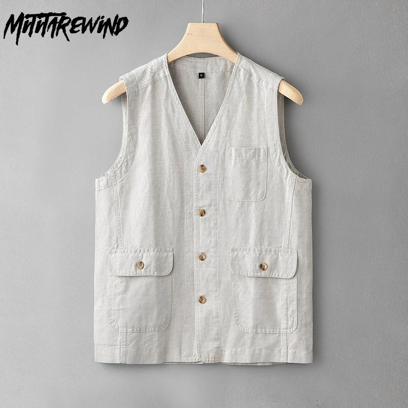 

Spring Summer Vest Male Traveling Causal Harajuku Vests for Men V-neck Button Cotton Linen Sleeveless Jacket Breathable Clothes