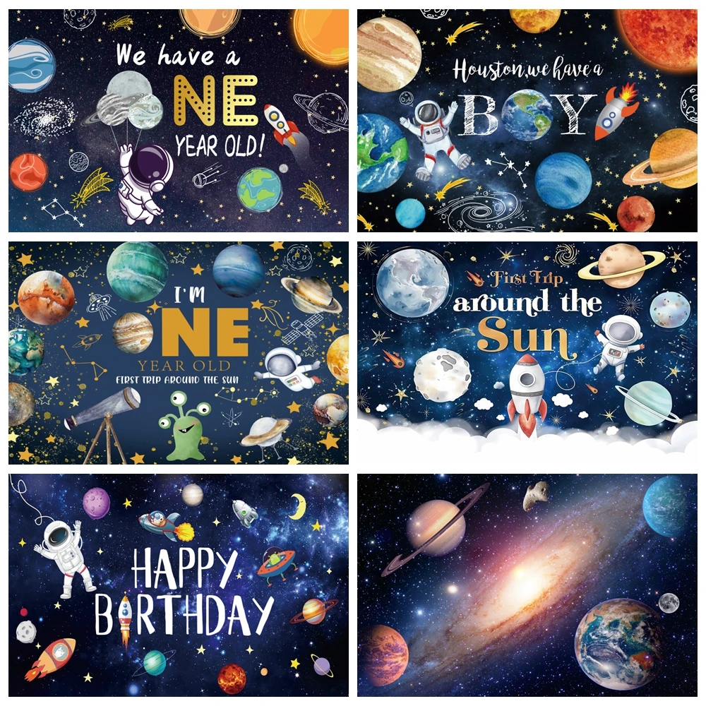 

Universe Earth Space Planet Astronaut Backdrop Starry Sky Spacecraft Baby Birthday Party Photography Background Photozone Banner