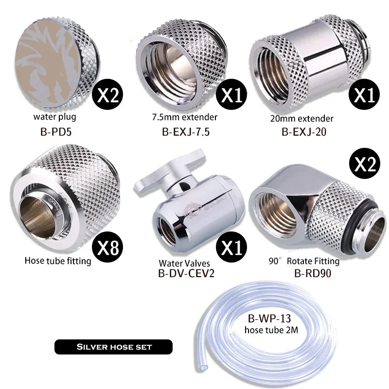 Bykski Hose Water Cooling Fitting Kit For 10*13mm Or 10*16mm Soft Tube Pipe, Stop,Extender,Valve,Angled Series Connecting Bag