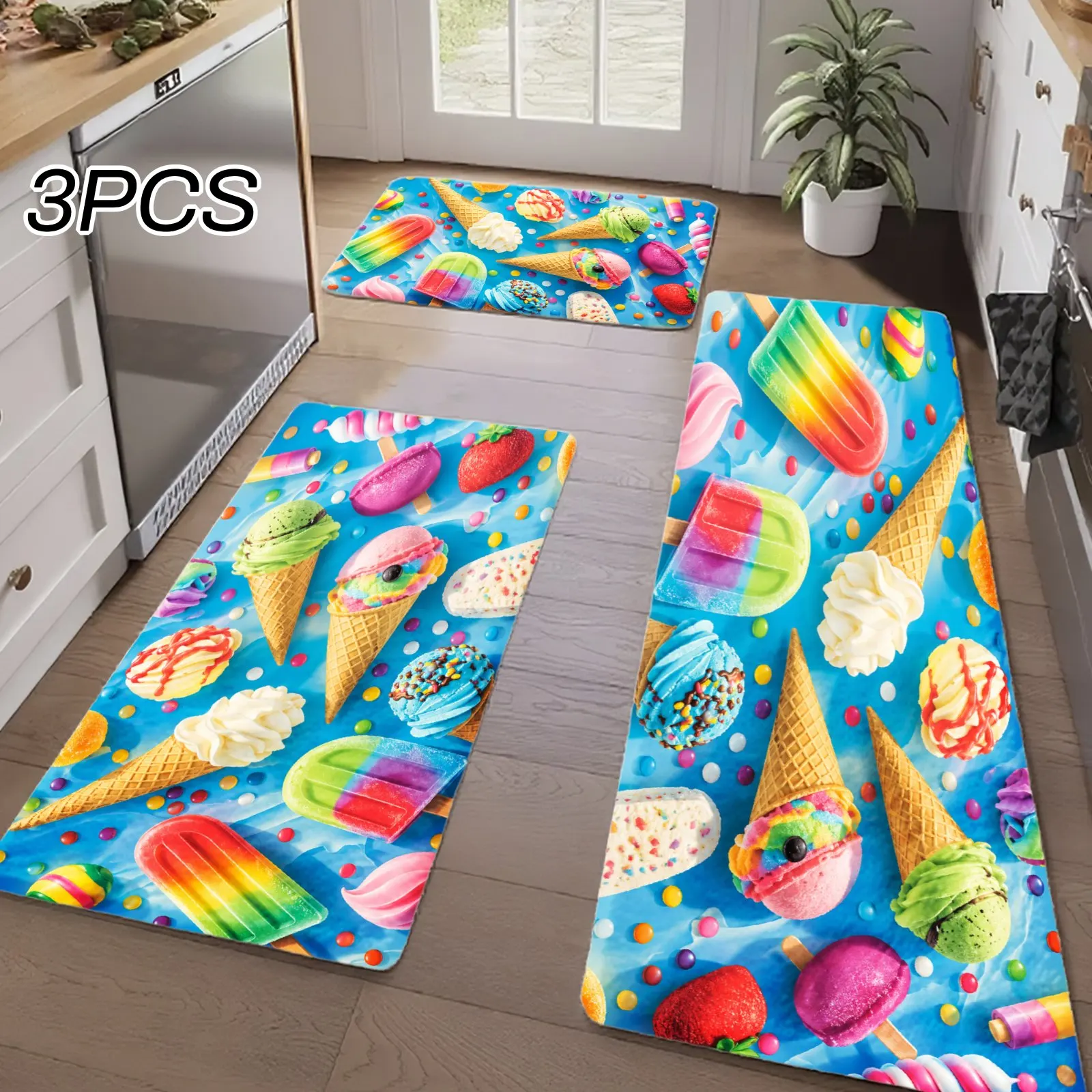 3PCS Kitchen Rugs,Home Decoration for Front Door, Kitchen, Bathroom, Colorful Ice Cream Pops And Cones Pattern Dining Mat