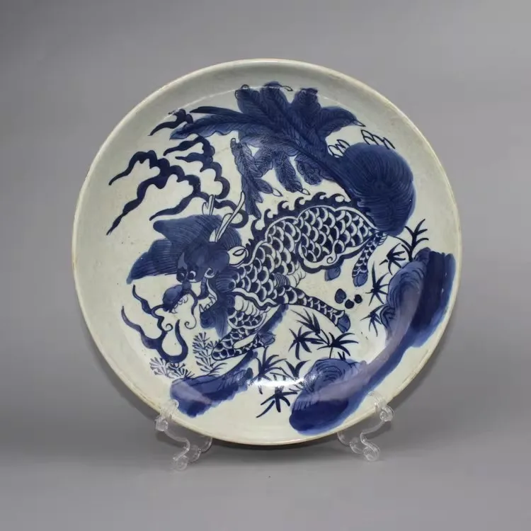Chinese Blue and White Porcelain Plate Qing Kangxi Kylin Pattern 10.9 inch