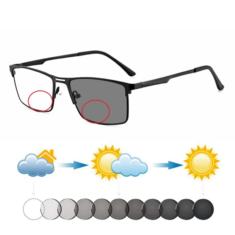 New Fashion Men Business Bifocals Photochromic Reading Sunglasses Male Rectangle Farsighted Sunnies Hyperopia Shades Custom UV