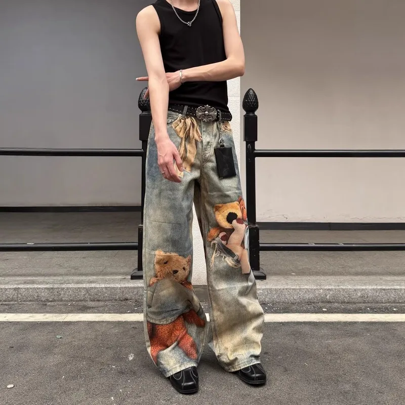 QICHE American Vintage Faded Straight Jeans Unisex 2026 3D Bear Print Loose Wide Leg Trousers