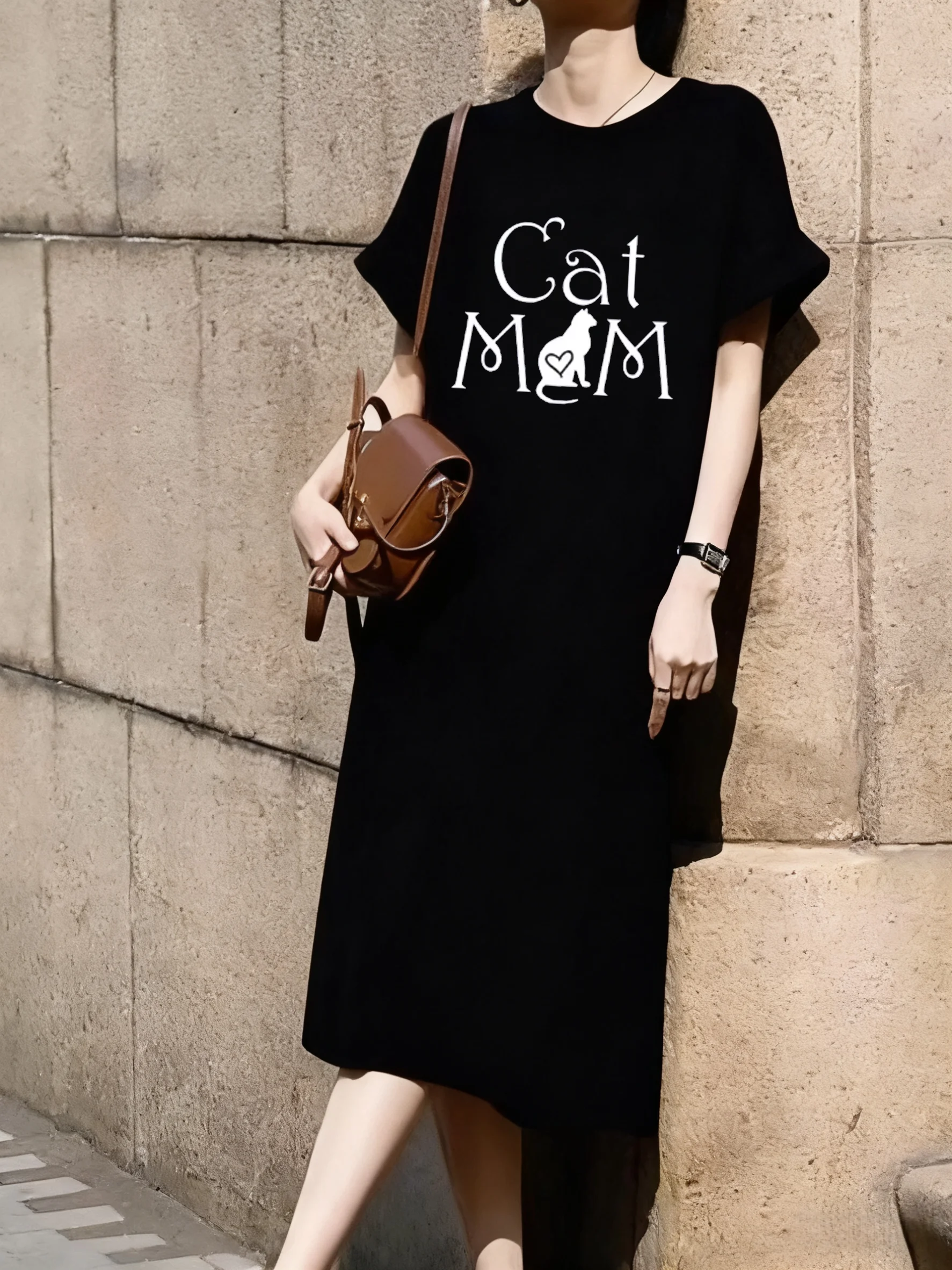 

Cat Cartoon Mom Letter Pattern Print Short Sleeved Sport Dress Mid Length Over Knee Dress Leisure Summer Cotton Women Long Tee