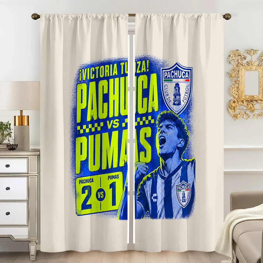 2PCS Curtains, Pachuca Football Match Themed Print with Celebratory Player Portrait, Team Crest and Pachuca vs Pumas 2-1 Score G