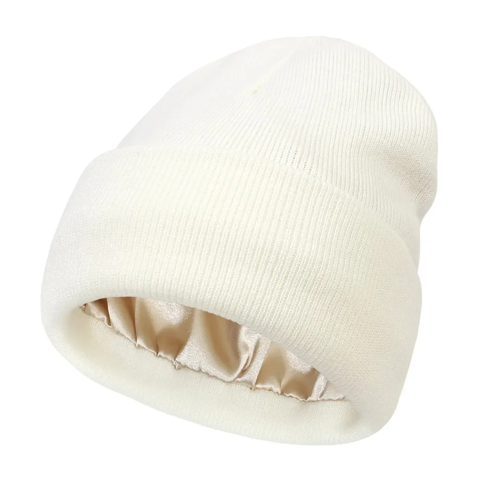 Unisex Satin Lined Beanie Hat For Women Winter Silk Lining Slouchy Warm Cuffed Skullies 2Layer Hair Cover Sleep Cap, image 13