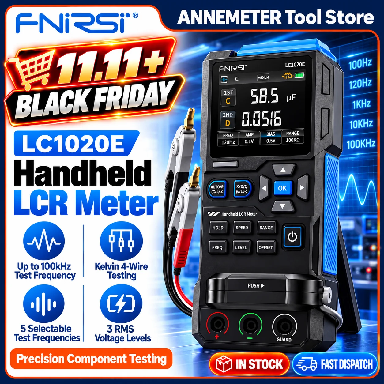 FNIRSI LC1020E LCR Meter, 100kHz 19999 Counts Resistor Inductor Capacitor Tester, Auto Component Detection with ESR/Q/D/θ