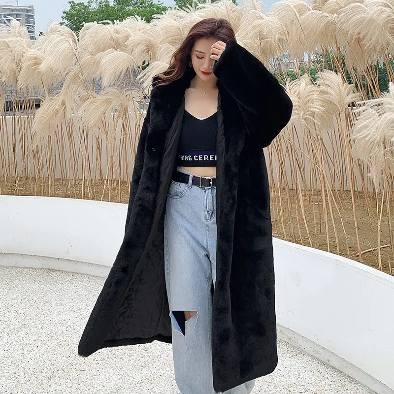 Thickened long hooded loose knee-length coat for women mixed fur