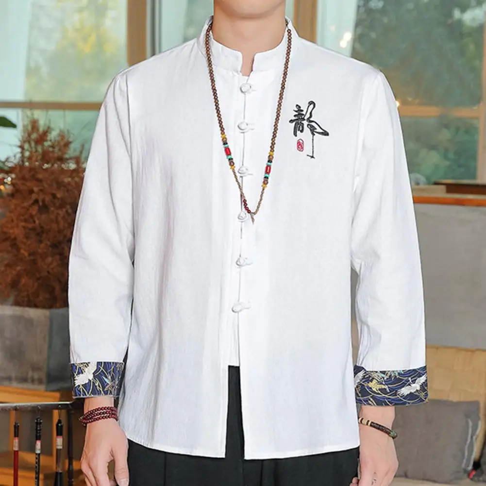 Chinese Style Cotton Linen Men Tang Suit Stand Collar Long Sleeve Disc Buckle New Year Solid Color Shirt Tops Embroidered Coat