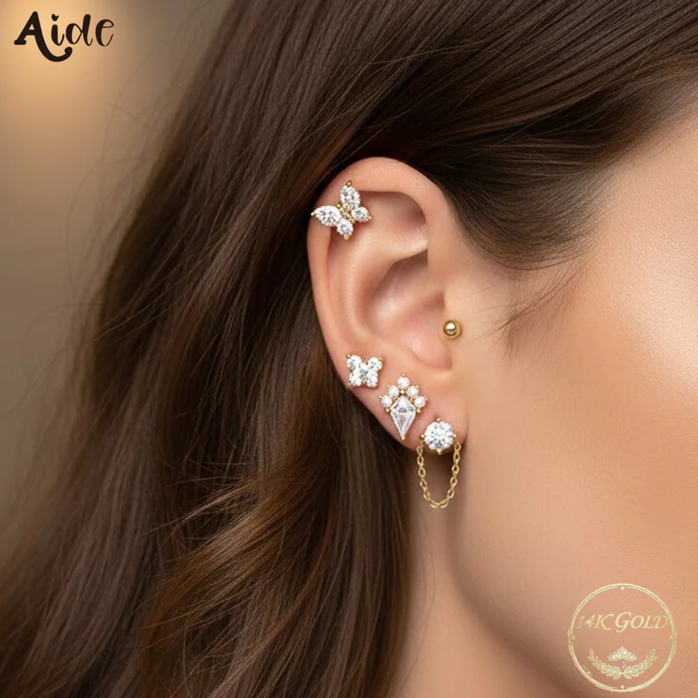 

Aide Real 14K Real Gold Ear Bone Studs Butterfly Star Pearl Zircon Piercing Stud Earring For Women Handmake Women Layered Jewel