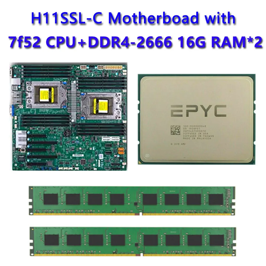 

For Supermicro H11SSL-C Motherboard Socket SP3 180W TDP with Dual EPYC 7F52 CPU Processor 2pcs DDR4 16GB 2666mhz *2 RAM REV2.0