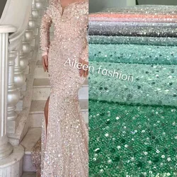 Multicolor Bright Glitter Tulle French Net Beaded Sequin Lace Fabric with Pearl High Quality Women Evening Dress Sewing Material