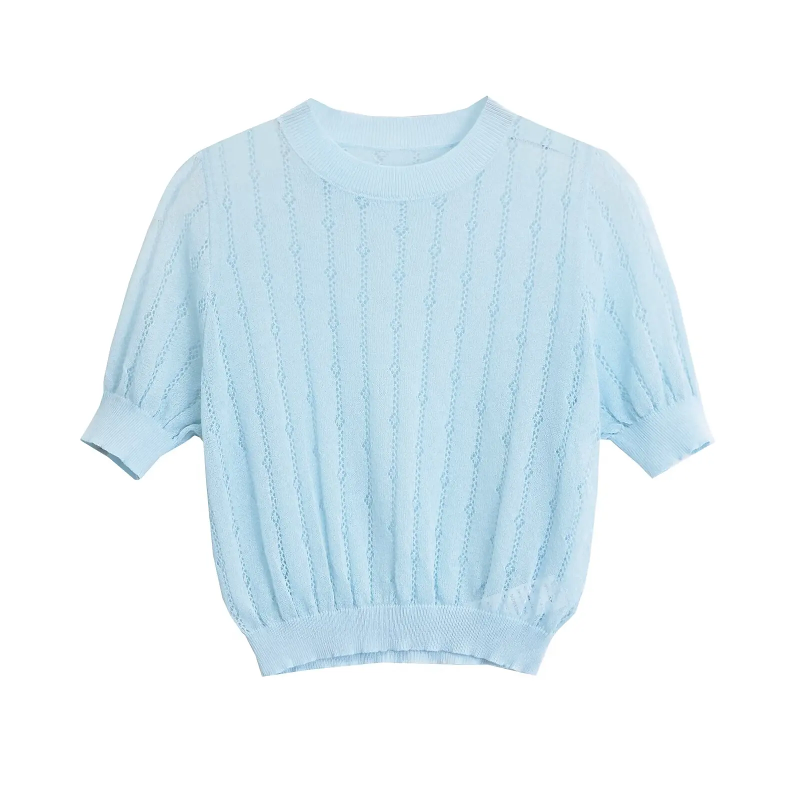 TRAF Summer Hollow Out Knitted Blue Slim Ladies Pullover Tops Girls Casual O-Neck Short Sleeve Elastic Thin Sweaters