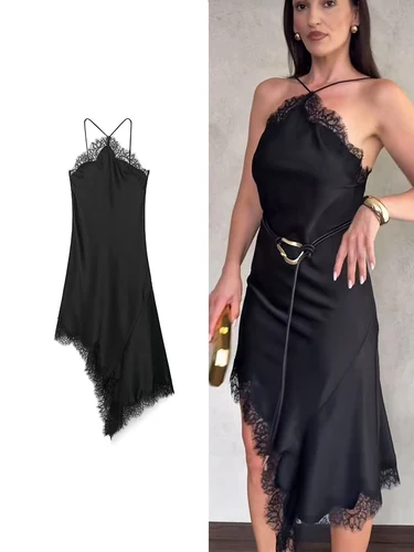 2025 vestidos sexis de encaje empalmados con tirantes para mujer, vestido elegante sin mangas con espalda descubierta y dobladillo Irregular, ropa elegante para fiesta y vacaciones