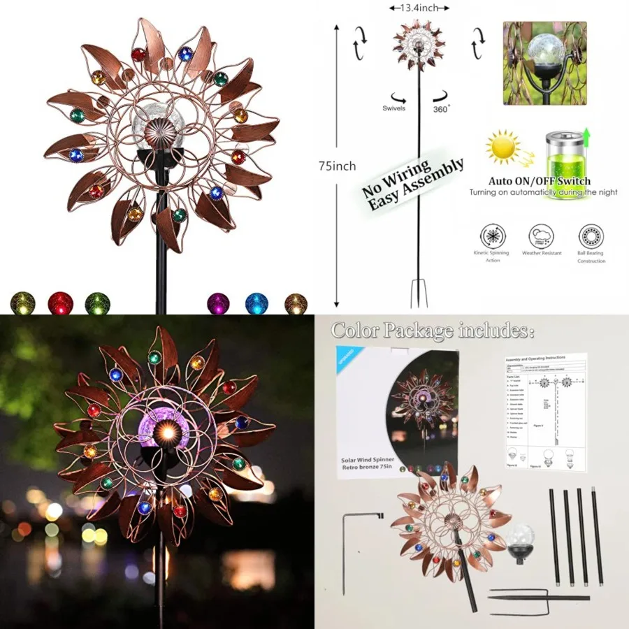 

Solar Wind Spinner Multi-Color LED Lighting by Solar Powered Glass Ball with Kinetic Wind Aculptures Dual Direction Decorative